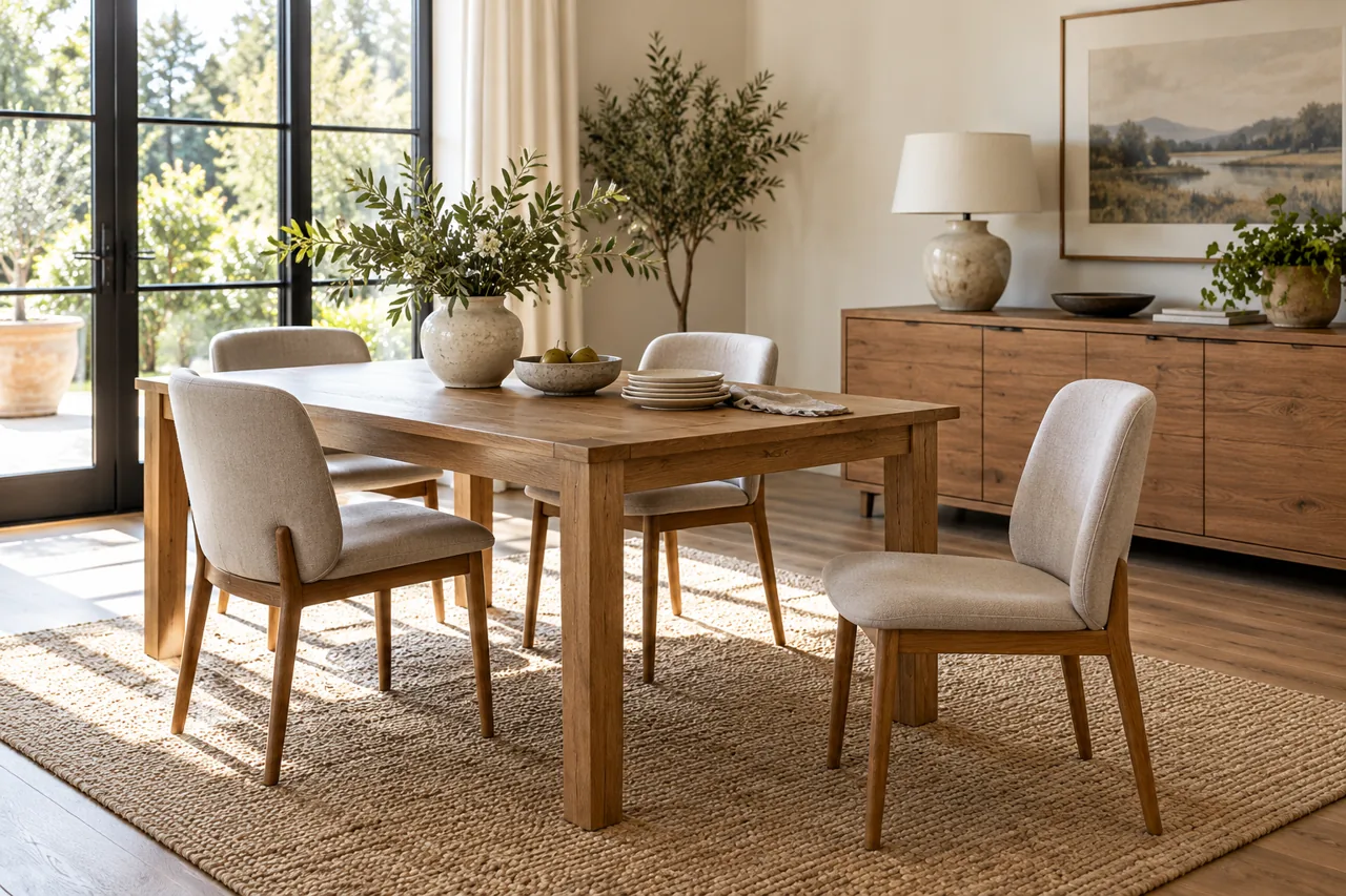 Dining room with four chairs around oak table