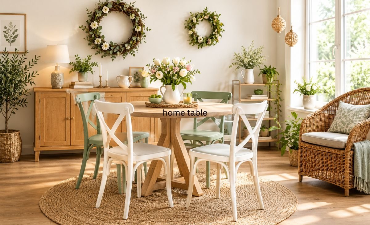 A bright dining room featuring wooden furniture, pastel green chairs, decorative wreaths, indoor plants, and elegant farmhouse-style accessories.
Copy all text