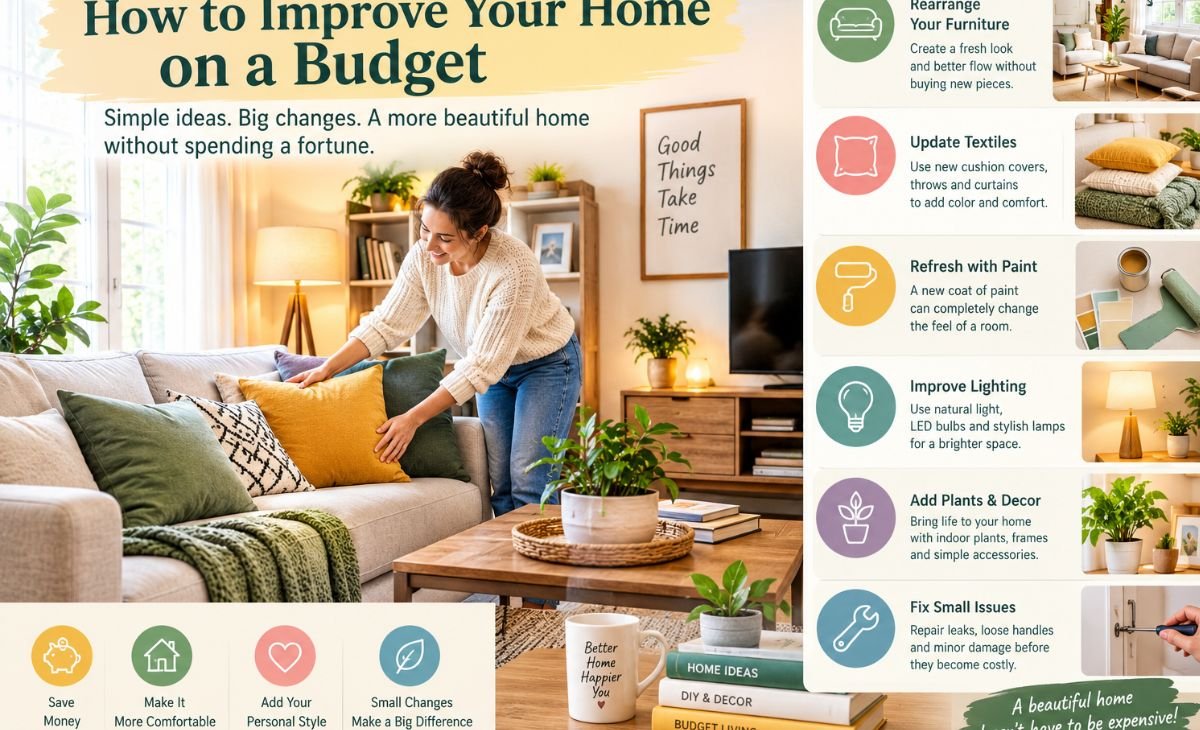 A home improvement inspiration graphic showcasing affordable ways to refresh a living space without spending a fortune. Ideas include rearranging furniture, updating cushion covers and textiles, repainting walls, improving lighting, adding indoor plants, and repairing small household issues
