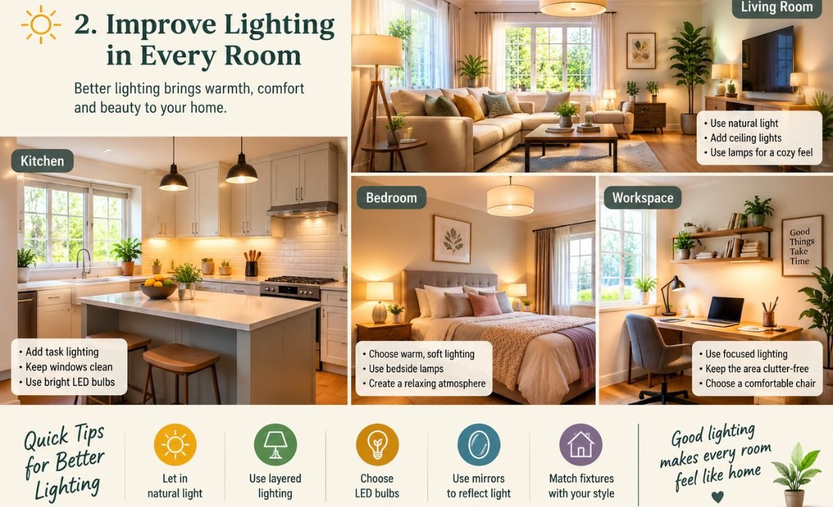 A home lighting inspiration collage showcasing four spaces: a living room with warm ambient lighting, a kitchen with bright task lights, a bedroom with soft bedside lamps, and a workspace with focused desk lighting. The design highlights practical ways to improve home interiors using natural light, layered fixtures, mirrors, and energy-efficient bulbs