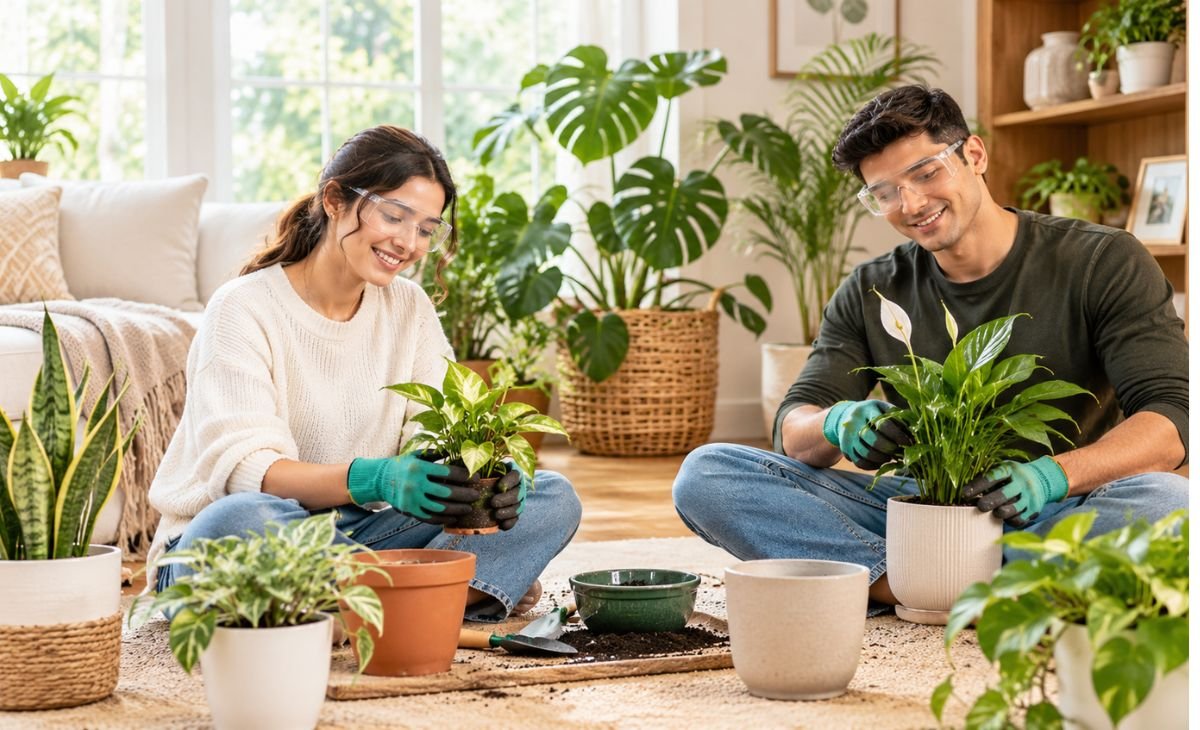 A bright, plant-filled living room where two people care for houseplants in decorative pots. Natural light, leafy greenery, neutral furniture, and warm wooden shelving create a fresh and welcoming atmosphere. This home decor inspiration highlights how indoor plants can enhance a living space.