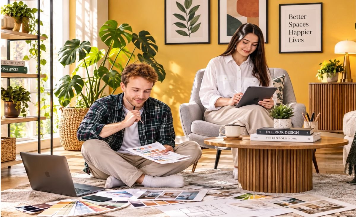 A bright, modern interior design studio featuring two professionals working on color schemes and room layouts. The space includes warm yellow walls, indoor plants, wooden furniture, decorative wall art, and cozy neutral furnishings, offering inspiration for home decorating and interior design planning