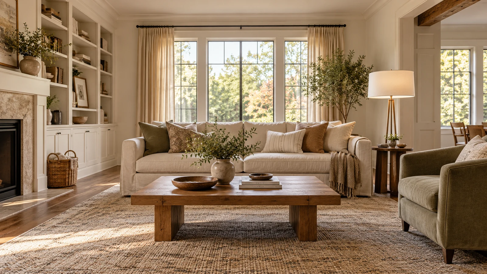 Neutral living room with a linen sofa, wood coffee table, upholstered chair and built-in storage.