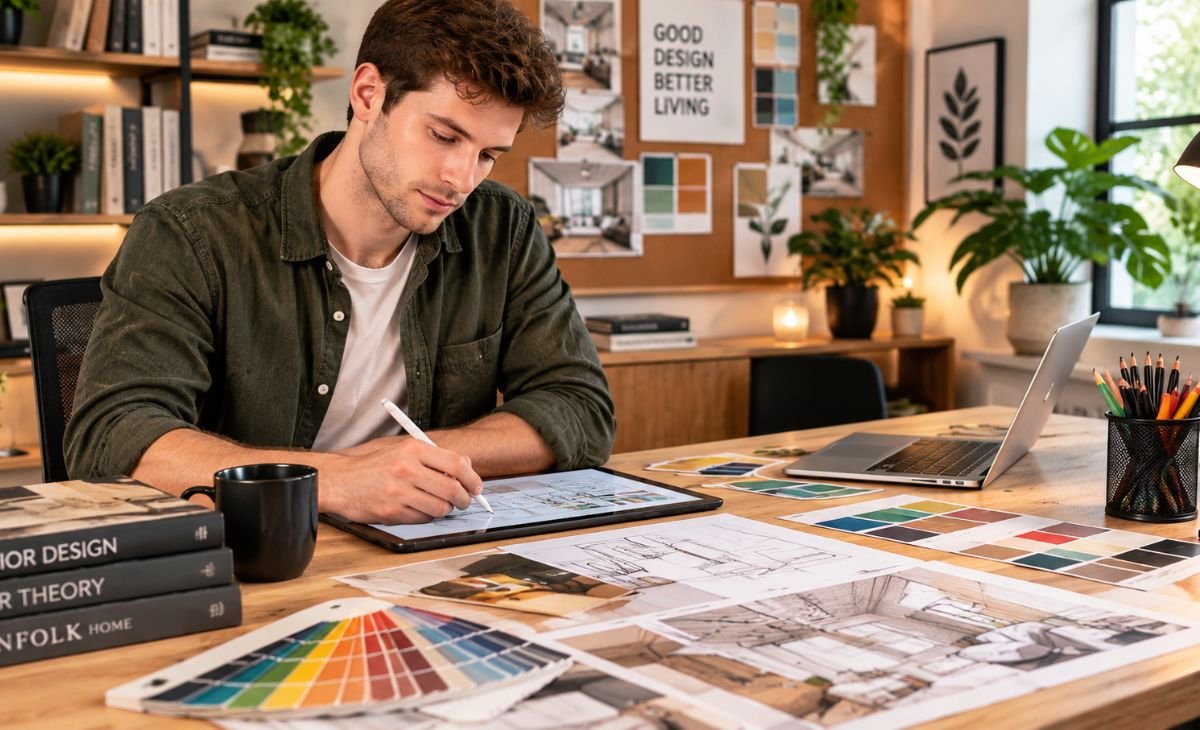 A modern interior design workspace featuring a designer creating room layouts on a digital tablet. The wooden desk holds interior sketches, colorful paint swatches, design books, and a laptop, while indoor plants, warm lighting, and inspiration boards create a productive and stylish home design studio.