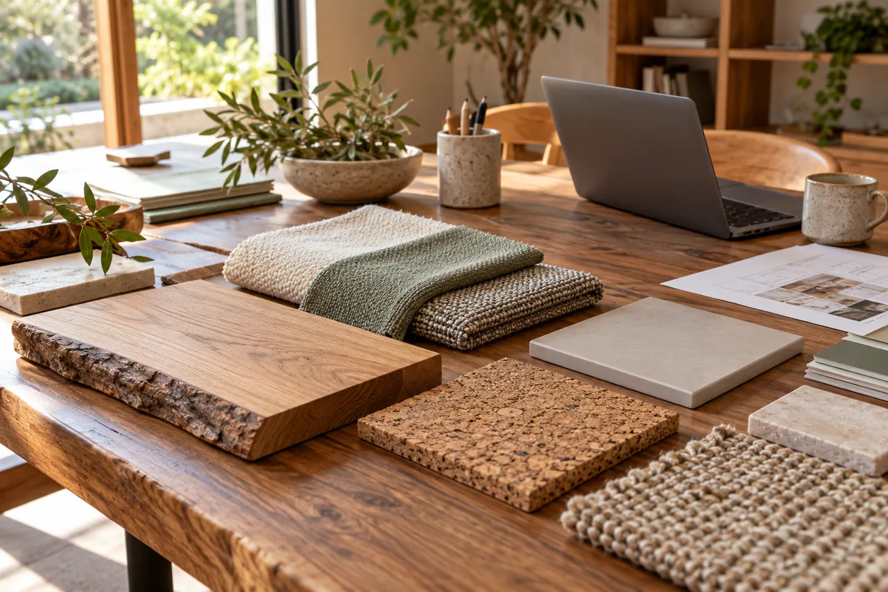 Interior material samples laid out on wooden worktable: solid wood edge, upholstery fabric, cork tile and ceramic tile