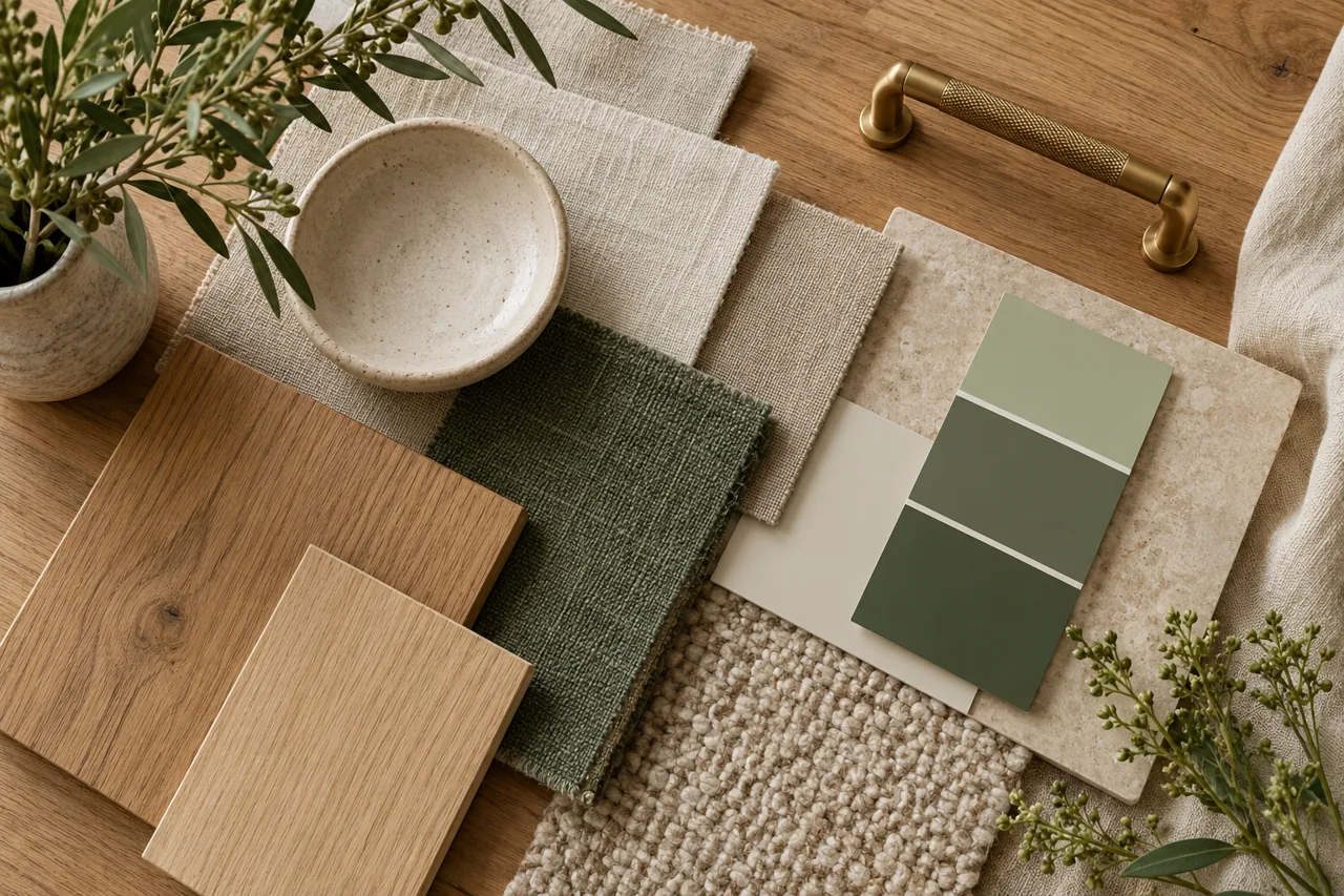 Overhead flat lay of linen swatches, warm oak, cream ceramic, muted green paint chips, brass handle