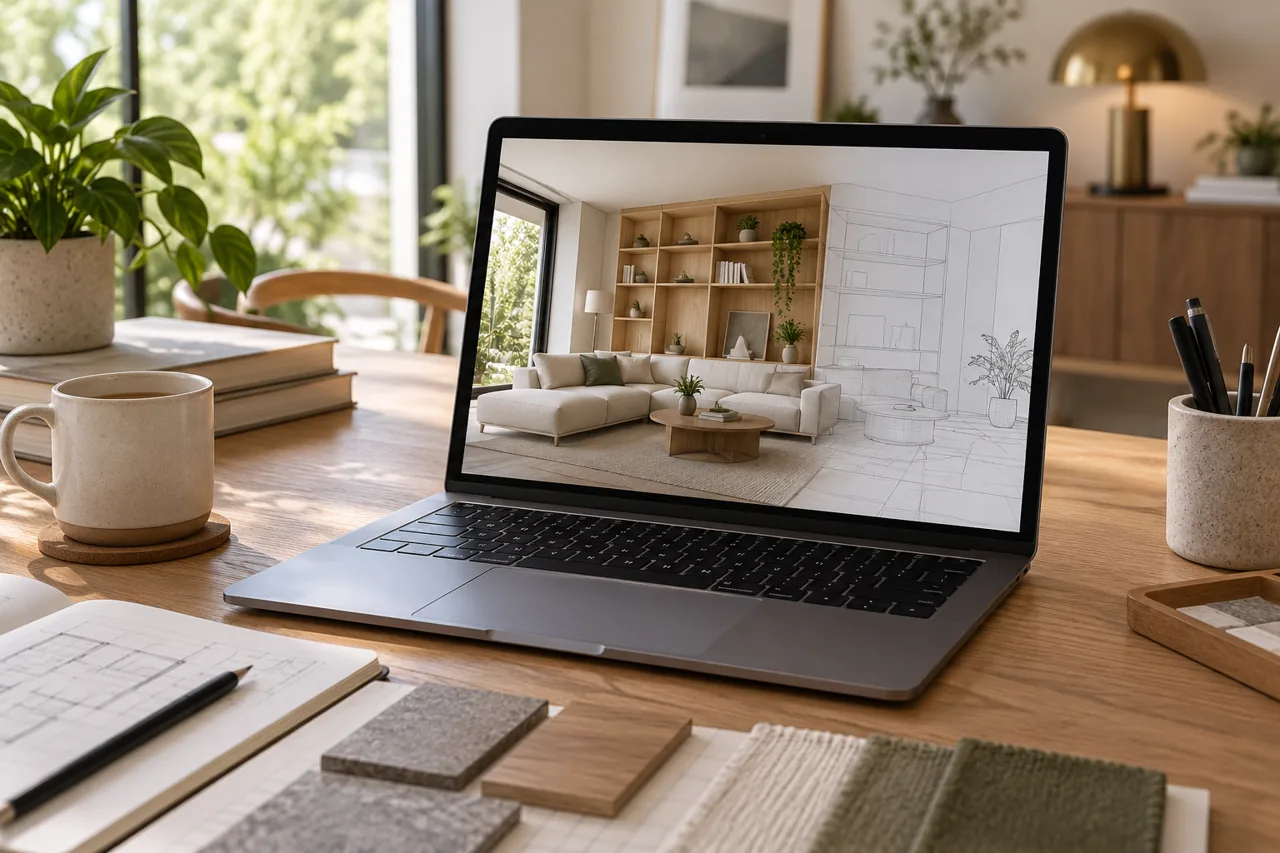 Close view laptop displaying generic architectural 3D room model with sofa and shelves, neutral professional desk, no branded interface