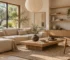 Japandi living room with pale oak furniture, cream linen sofa, low wooden coffee table, paper lamp and uncluttered shelving