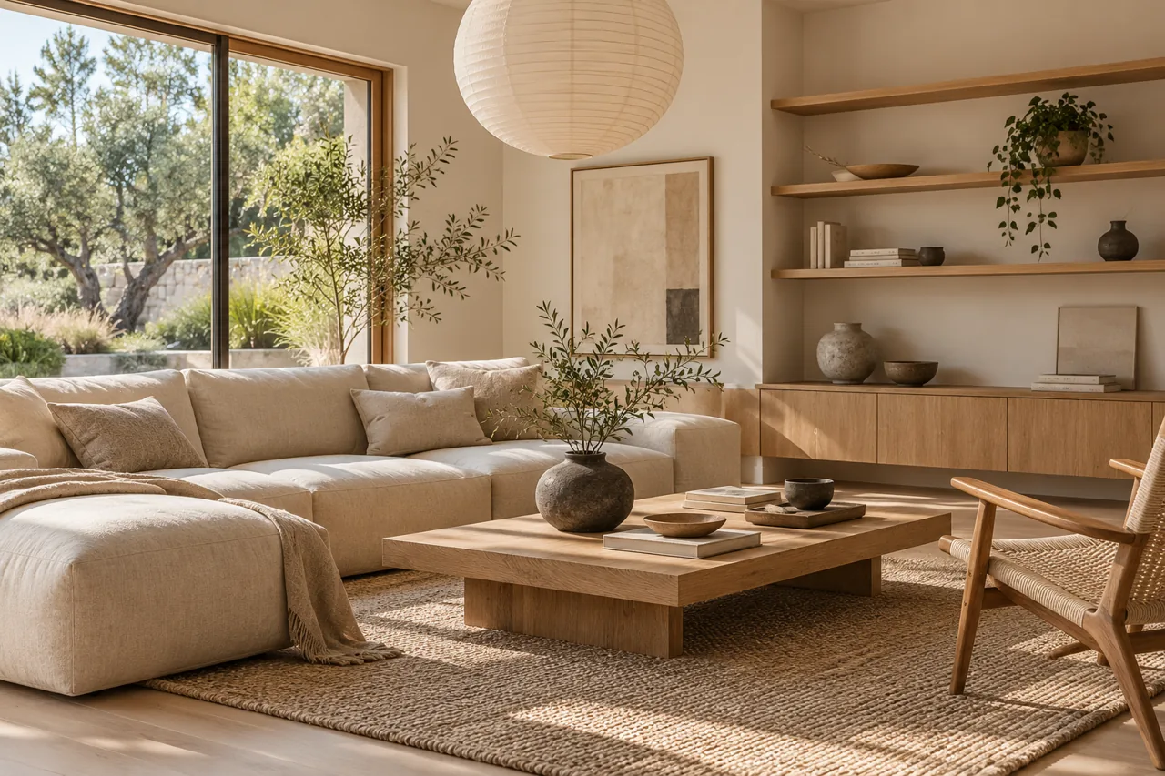 Japandi living room with pale oak furniture, cream linen sofa, low wooden coffee table, paper lamp and uncluttered shelving