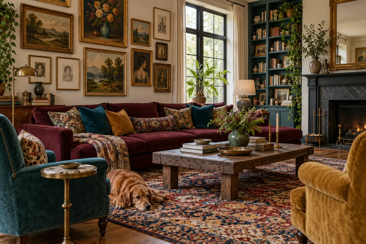 Tasteful maximalist living room, layered framed artwork, burgundy sofa, patterned rug, coordinated teal and ochre accents