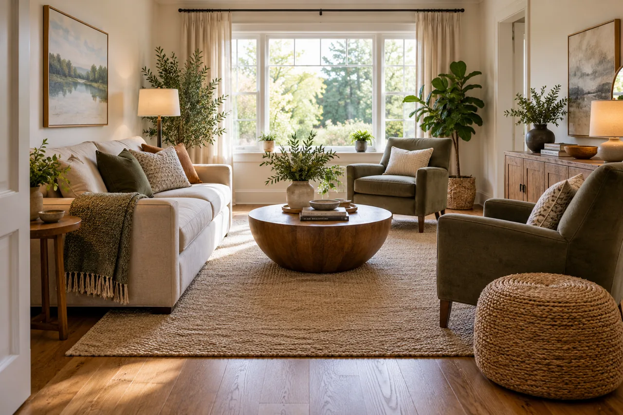 Wide compact living room with sofa and two armchairs arranged around table, clear generous walking route from doorway to window
