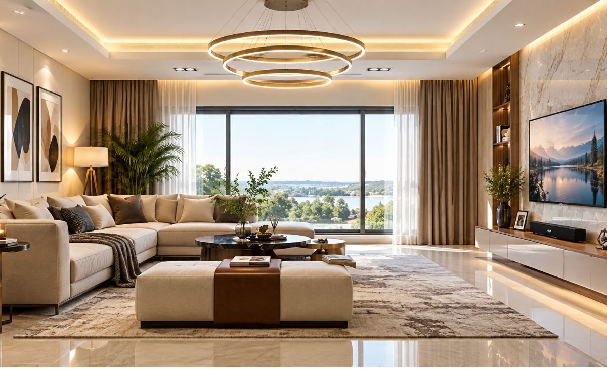 A luxurious contemporary living room featuring a spacious beige sectional sofa, a stylish coffee table, a textured area rug, circular LED pendant lights, and a marble TV feature wall. Large windows bring in natural light, while wooden details and indoor plants create a warm, sophisticated atmosphere