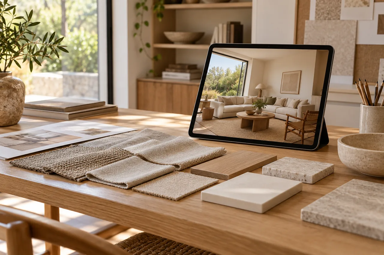 Interior designer workspace with tablet showing generic warm living room render, linen oak and ceramic samples alongside