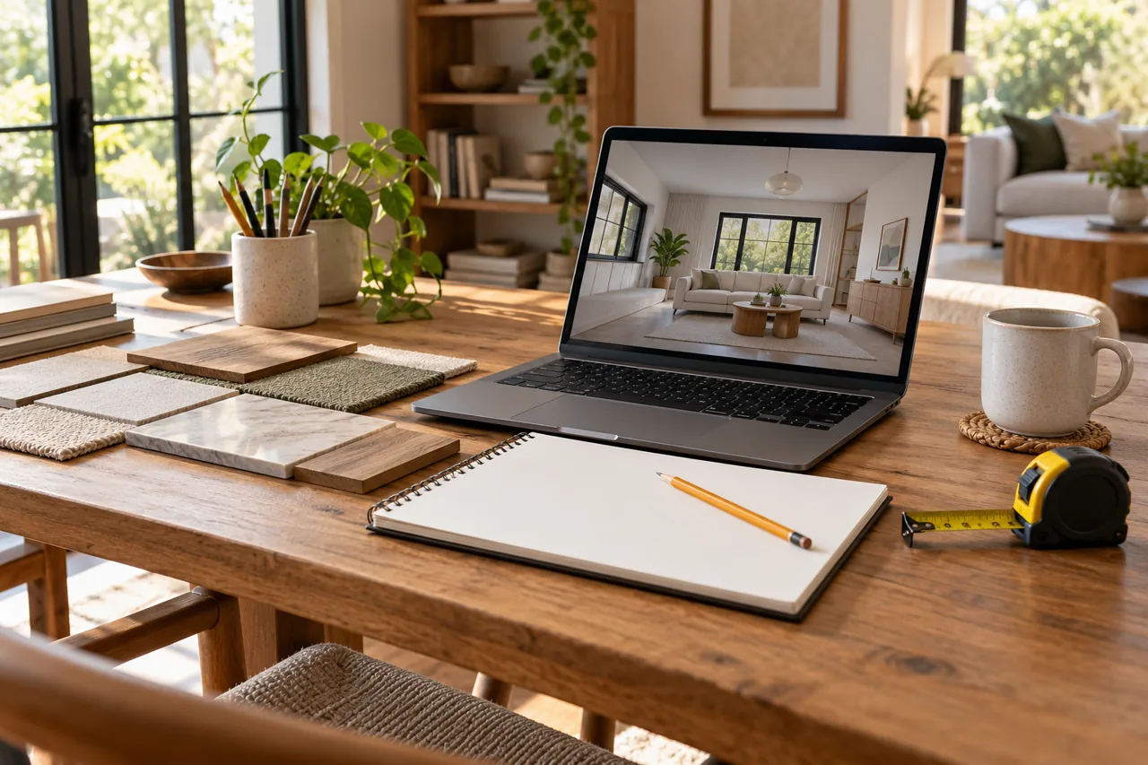 Interior planning desk with laptop showing generic simple 3D room view without readable UI, physical tape measure, pencil and blank sketchbook