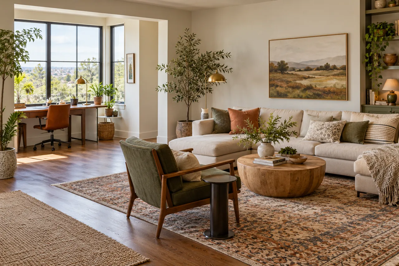 Living room with separate neat desk nook by window, seating zone defined by rug, accessible path between them
