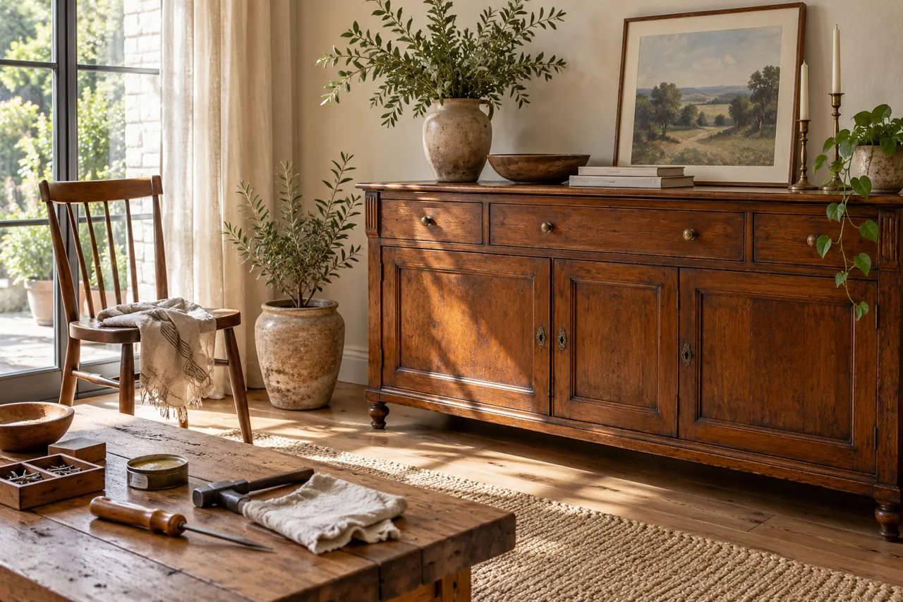 Sunlit home corner with beautifully maintained vintage solid wood sideboard, simple chair and linen curtains, small repair cloth and hand tools on workbench nearby