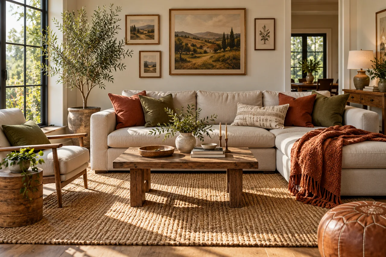 Neutral existing sofa refreshed with rust and olive cushions, removable throw and small framed artwork, sunny lived-in room