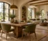 Connected dining and living room repeating olive green cushions and chair upholstery, warm wood and arched shapes subtly