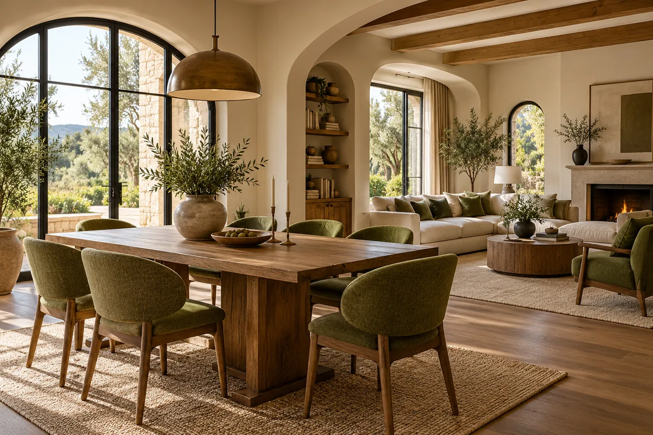 Connected dining and living room repeating olive green cushions and chair upholstery, warm wood and arched shapes subtly