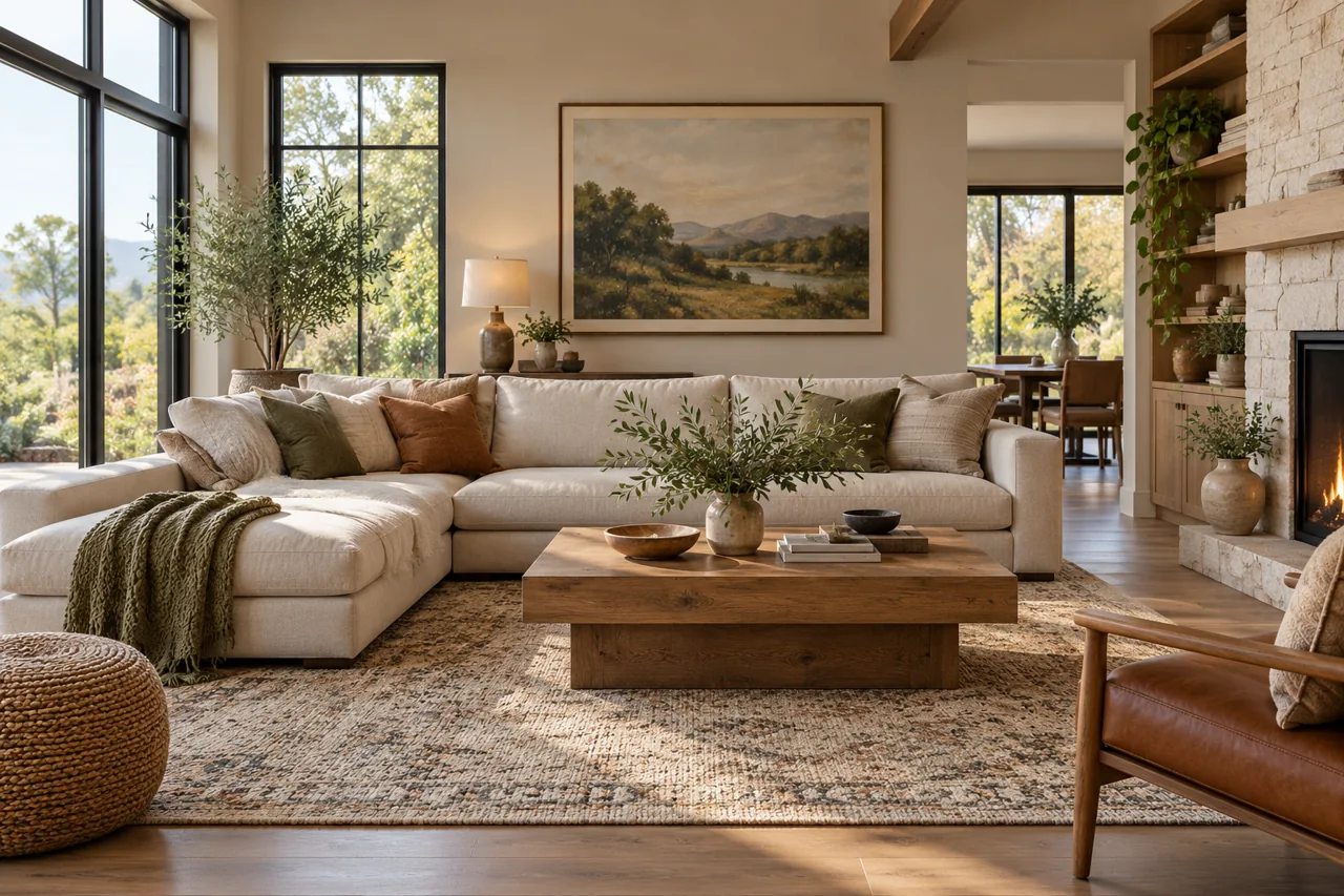 Comfortable living room with large sofa, appropriately scaled rug extending under front feet, balanced coffee table and artwork