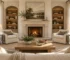 Symmetrical living room with central fireplace flanked by matching chairs and lamps, cream and warm oak textures
