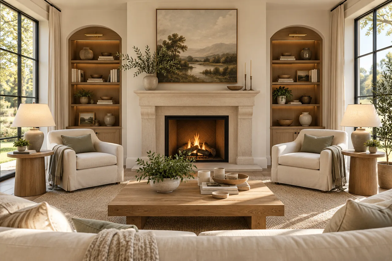 Symmetrical living room with central fireplace flanked by matching chairs and lamps, cream and warm oak textures