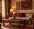 Traditional living room with patterned rugs, carved wooden furniture, warm lighting, and layered textiles.