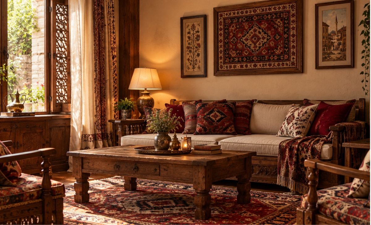 A warm traditional living room featuring carved wooden furniture, a beige sofa, colorful patterned cushions, an ornate area rug, framed textile artwork, and decorative pottery. Natural light enters through an intricately carved wooden window, while soft lamp lighting creates a welcoming atmosphere inspired by classic ethnic and traditional interior design.