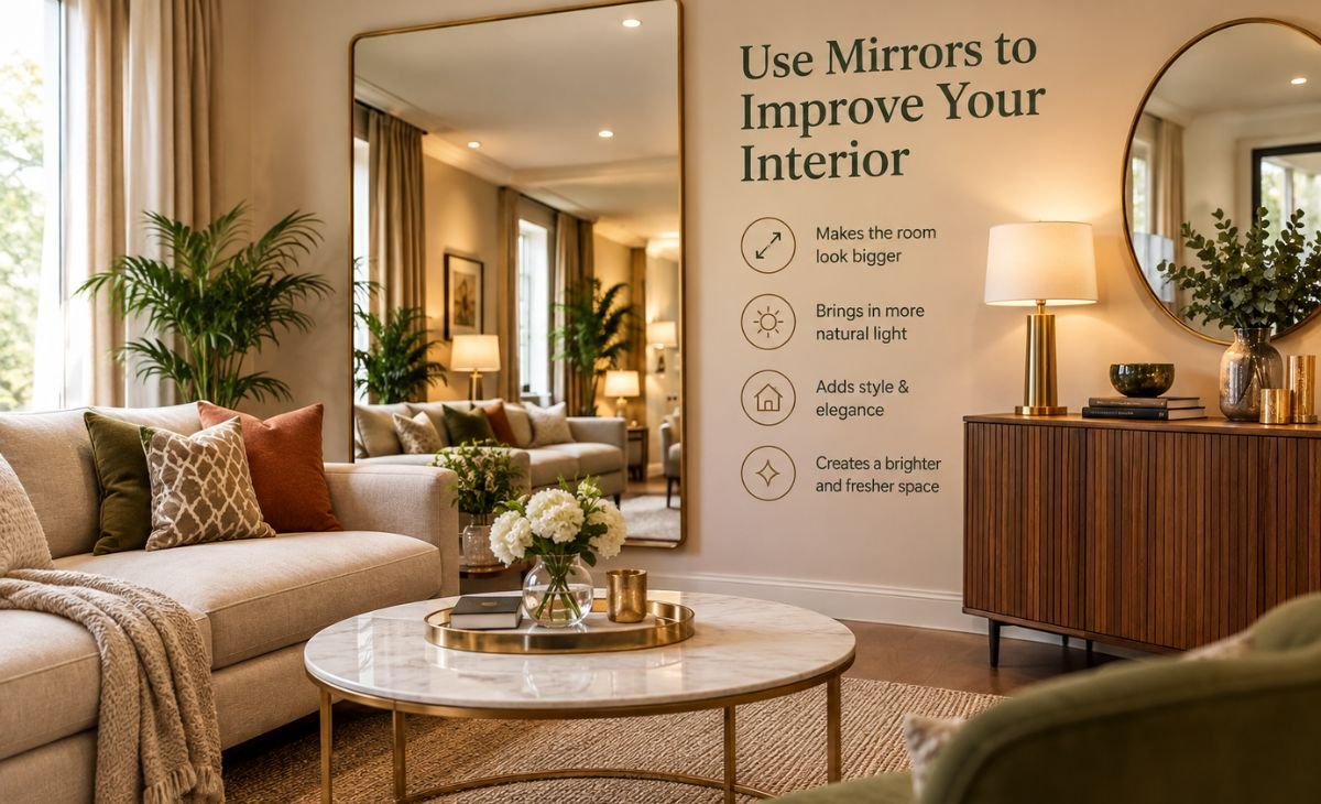 A stylish modern living room showcasing large wall mirrors that reflect natural light and create a sense of space. The interior features a comfortable beige sofa, gold-framed mirrors, a wooden console table, decorative accessories, indoor plants, and warm lighting. This design offers practical inspiration for using mirrors to enhance home interiors