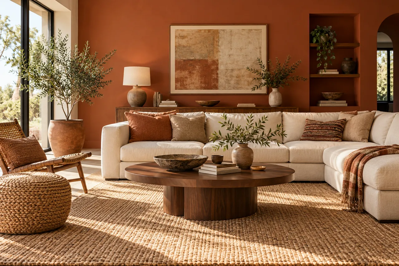 Current editorial living room with warm terracotta wall, walnut table, soft cream sofa and layered woven textures