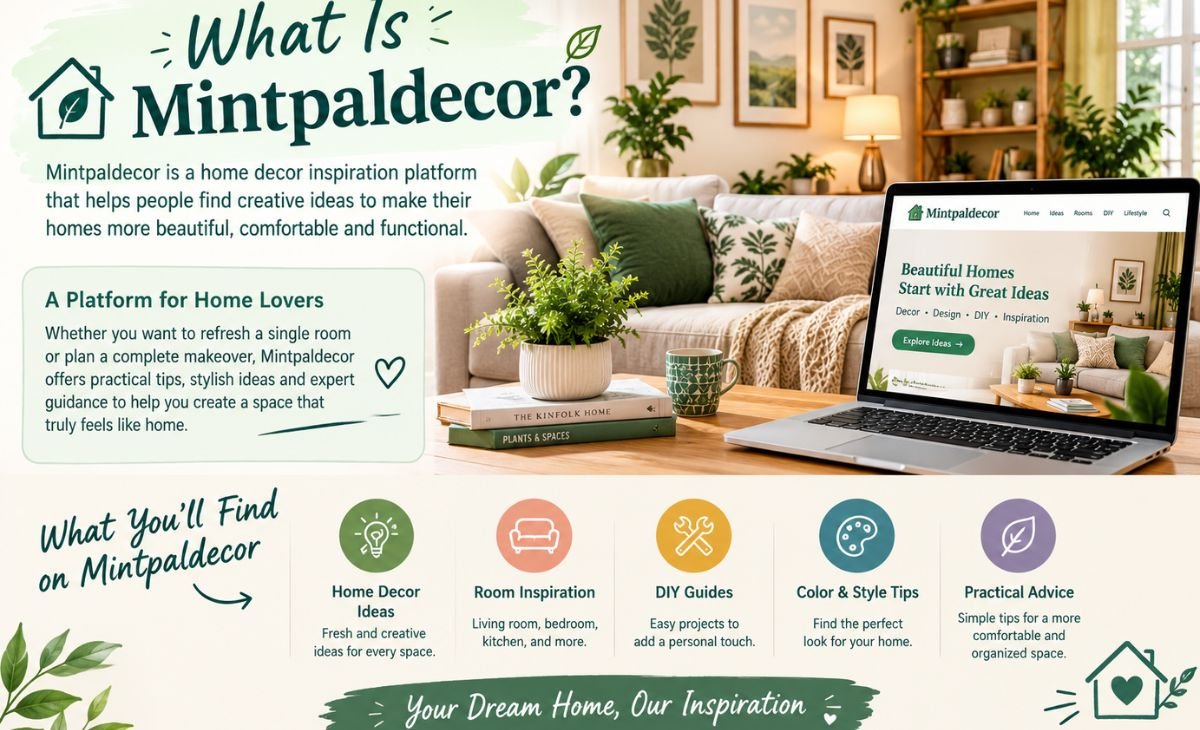 A modern home decor infographic introducing Mintpaldecor as a source of interior design inspiration. The scene features a cozy living room with neutral furniture, green cushions, indoor plants, decorative accessories, and a laptop displaying a home decor website. It highlights home decorating ideas, room inspiration, DIY guides, color and style tips, and practical advice for creating a comfortable and attractive home.