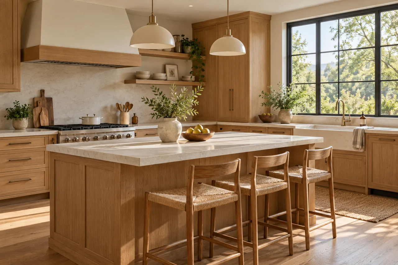 Inviting kitchen with natural warm oak cabinetry, simple off-white stone-look counter, practical handles and soft daylight